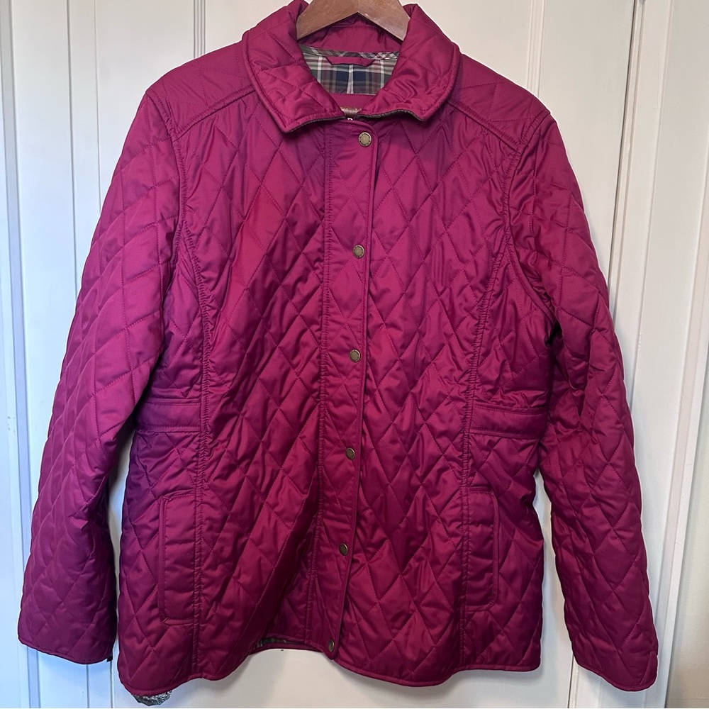 L.L. Bean Red Quilted Barn/Utility Jacket, Plaid Interior, Corduroy Detail, Sz L